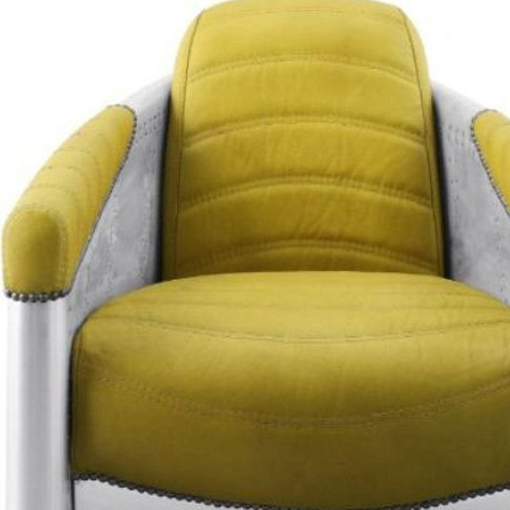 28" Yellow and Steel Blue Top Grain Leather Barrel Chair