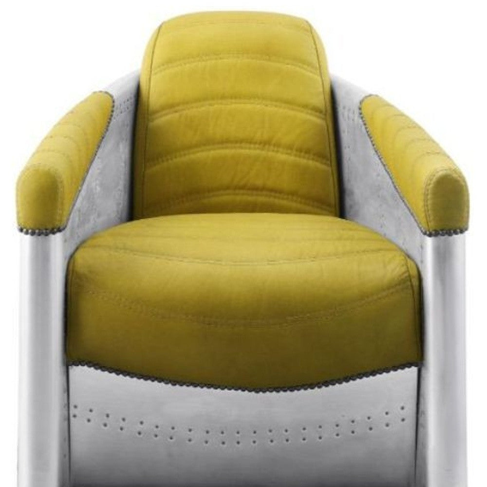 28" Yellow and Steel Blue Top Grain Leather Barrel Chair