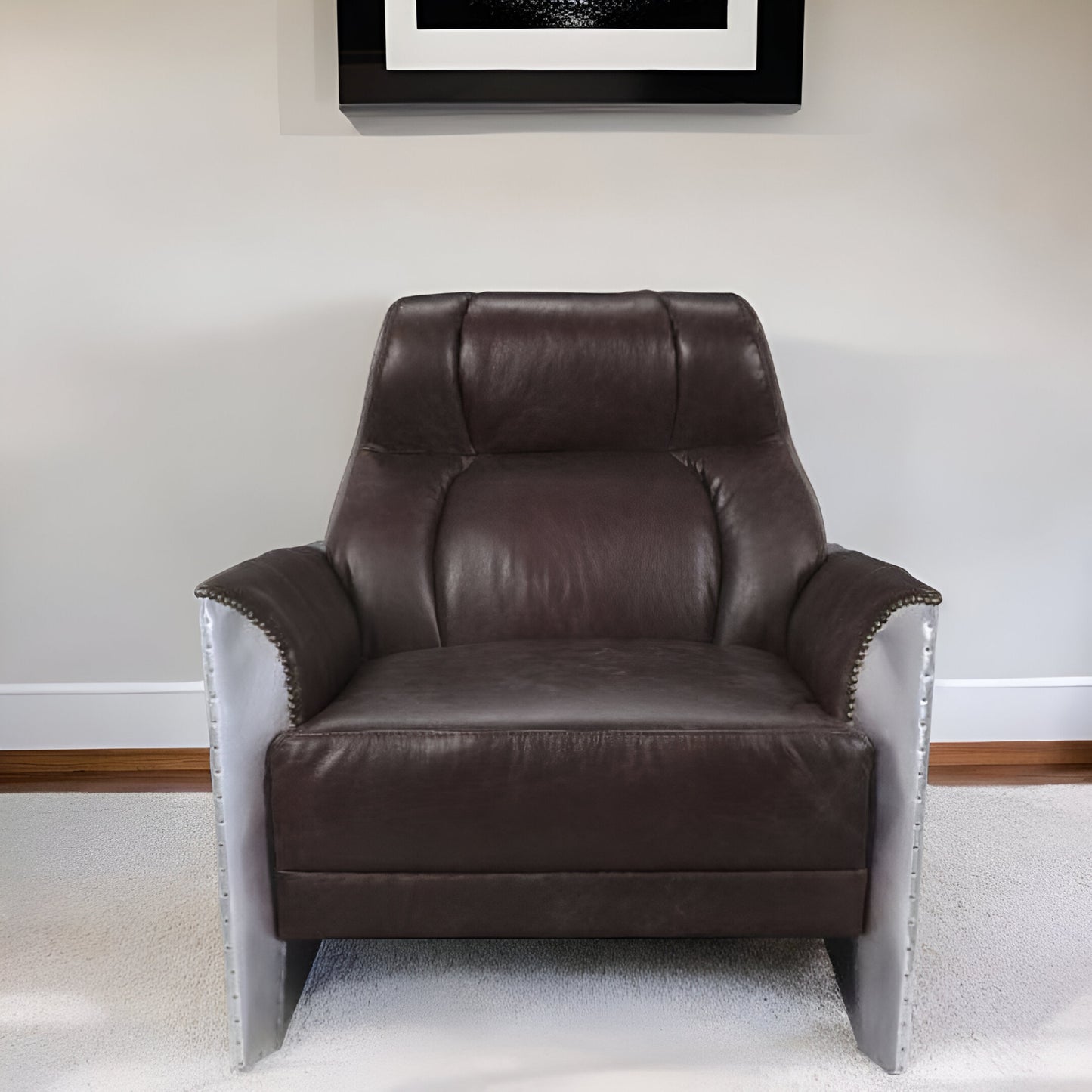 35" Espresso and Silver Top Grain Leather Tufted Club Chair