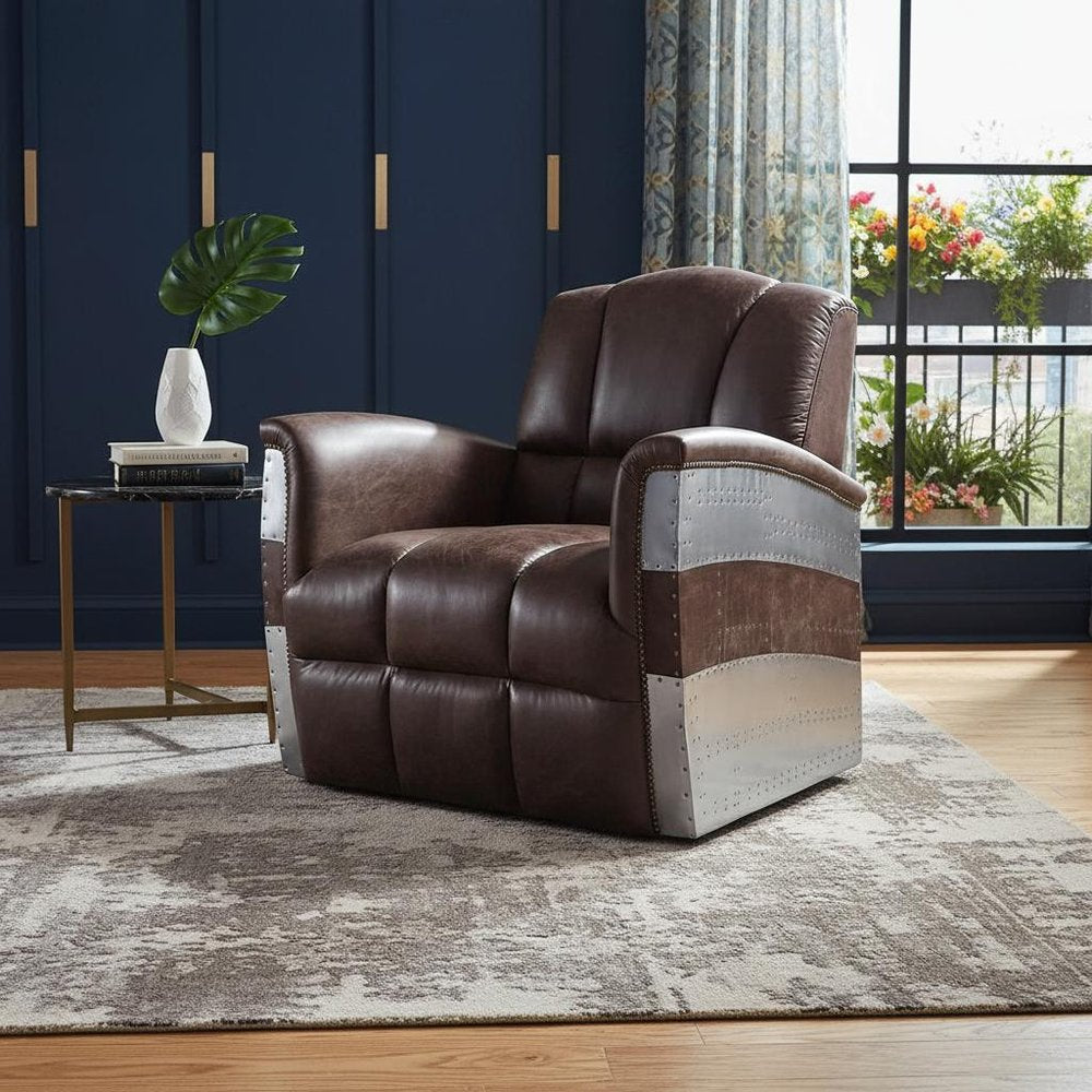 35" Brown Top Grain Leather Patchwork Club Chair