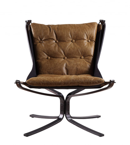 30" Coffee and Steel Blue Top Grain Leather Tufted Lounge Chair