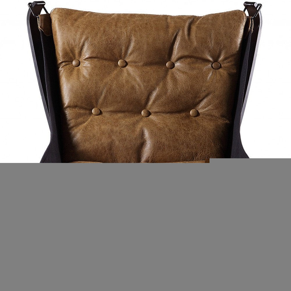 30" Coffee and Steel Blue Top Grain Leather Tufted Lounge Chair
