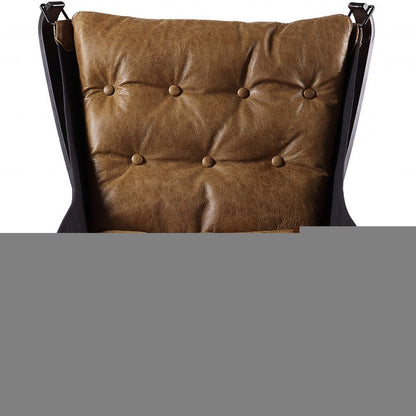 30" Coffee and Steel Blue Top Grain Leather Tufted Lounge Chair