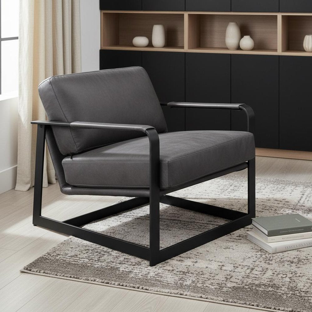 28" Gray and Steel Blue Top Grain Leather Arm Chair