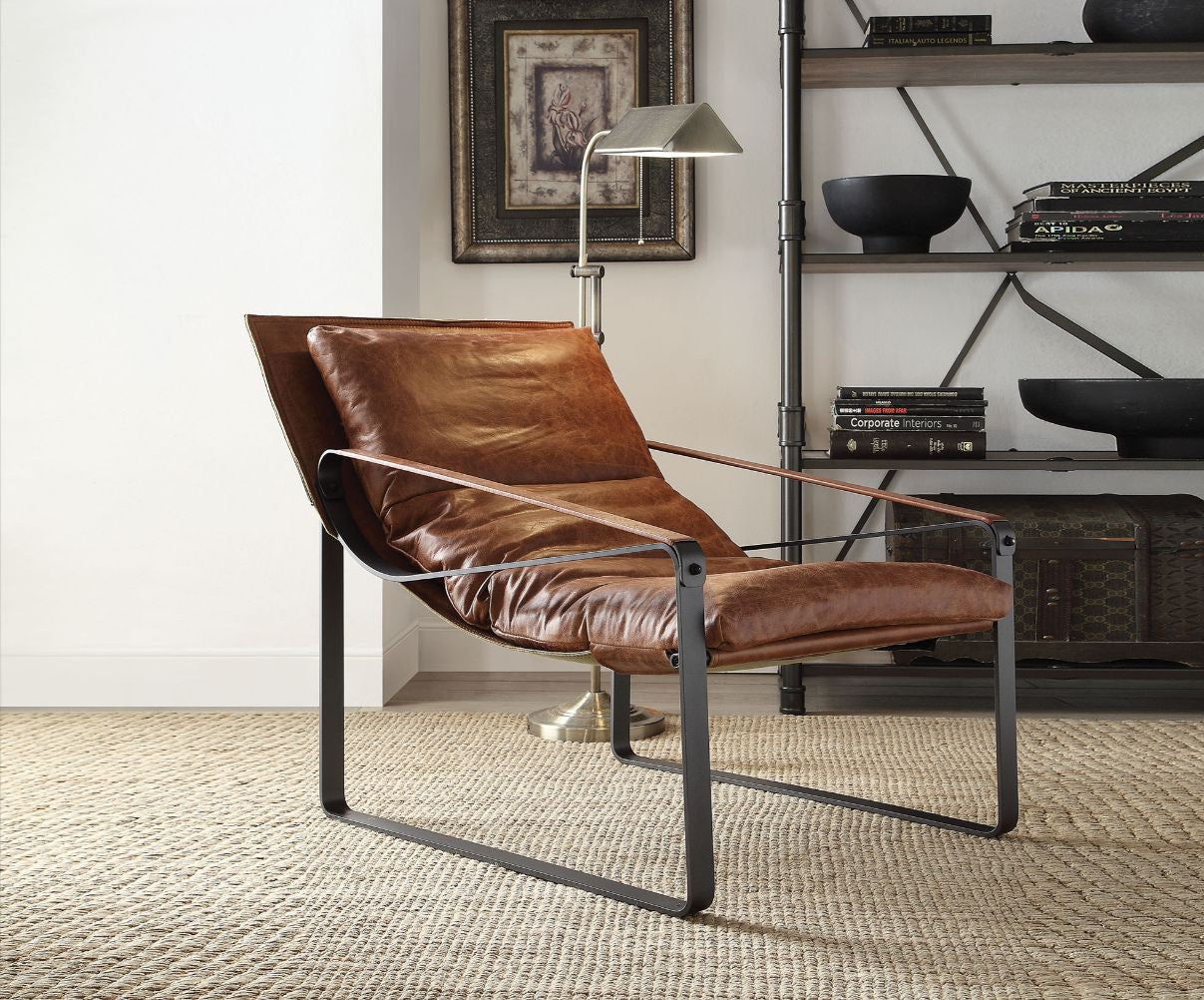 27" Chocolate and Steel Blue Top Grain Leather Lounge Chair