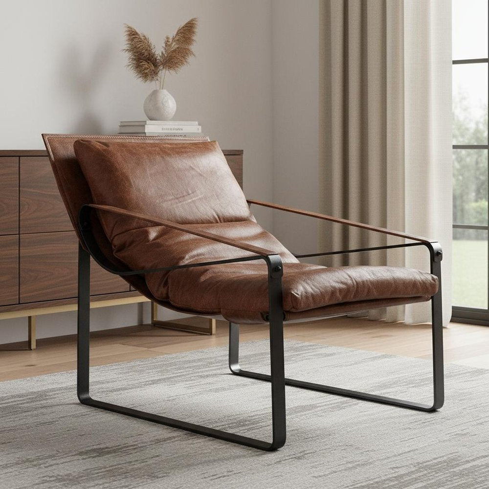 27" Chocolate and Steel Blue Top Grain Leather Lounge Chair