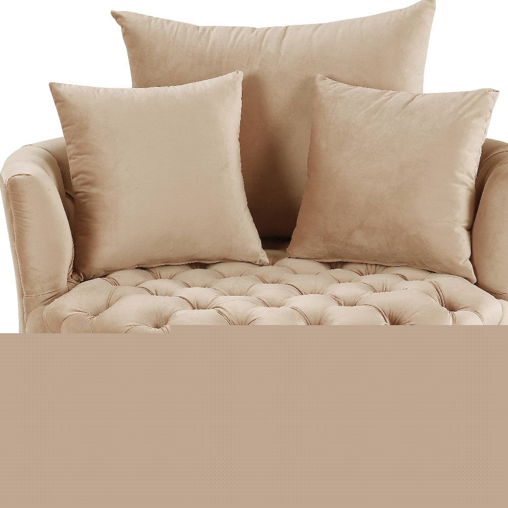 43" Beige Velvet Tufted Swivel Barrel Chair And Toss Pillows