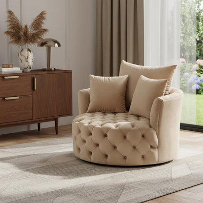 43" Beige Velvet Tufted Swivel Barrel Chair And Toss Pillows