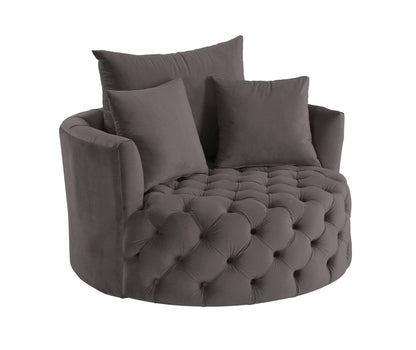 43" Gray Velvet Tufted Swivel Barrel Chair And Toss Pillows