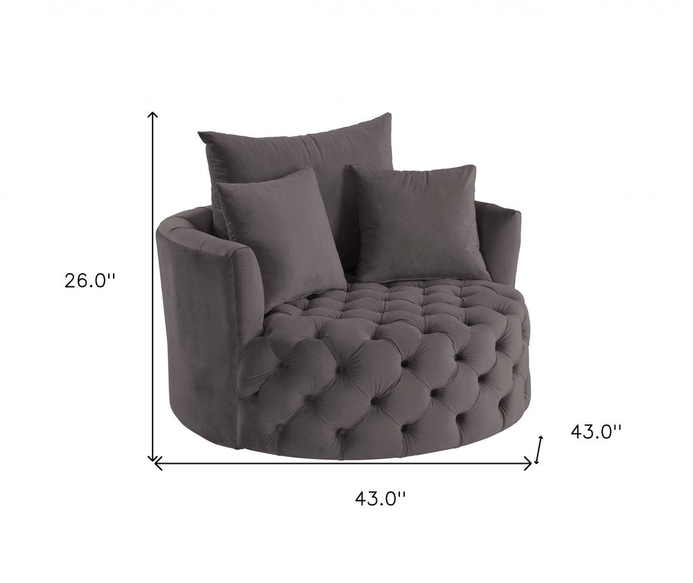 43" Gray Velvet Tufted Swivel Barrel Chair And Toss Pillows