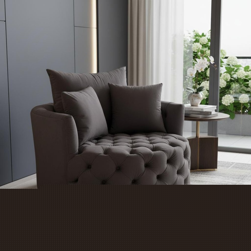43" Gray Velvet Tufted Swivel Barrel Chair And Toss Pillows