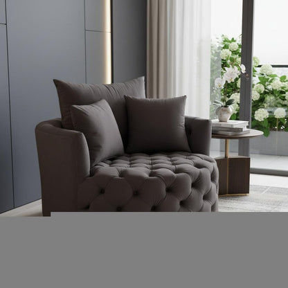 43" Gray Velvet Tufted Swivel Barrel Chair And Toss Pillows