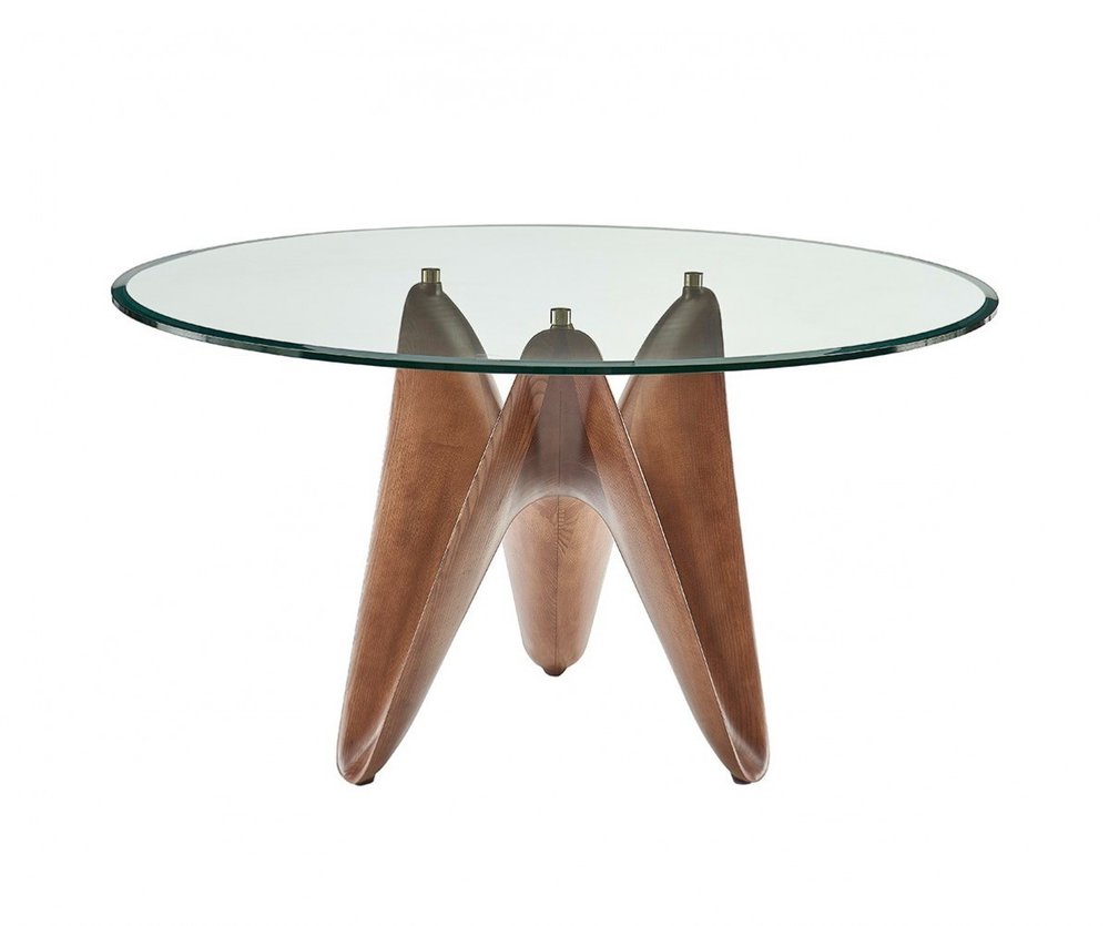 59" Clear And Brown Rounded Glass And Solid Manufactured Wood Pedestal Base Dining Table