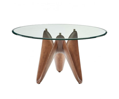 59" Clear And Brown Rounded Glass And Solid Manufactured Wood Pedestal Base Dining Table