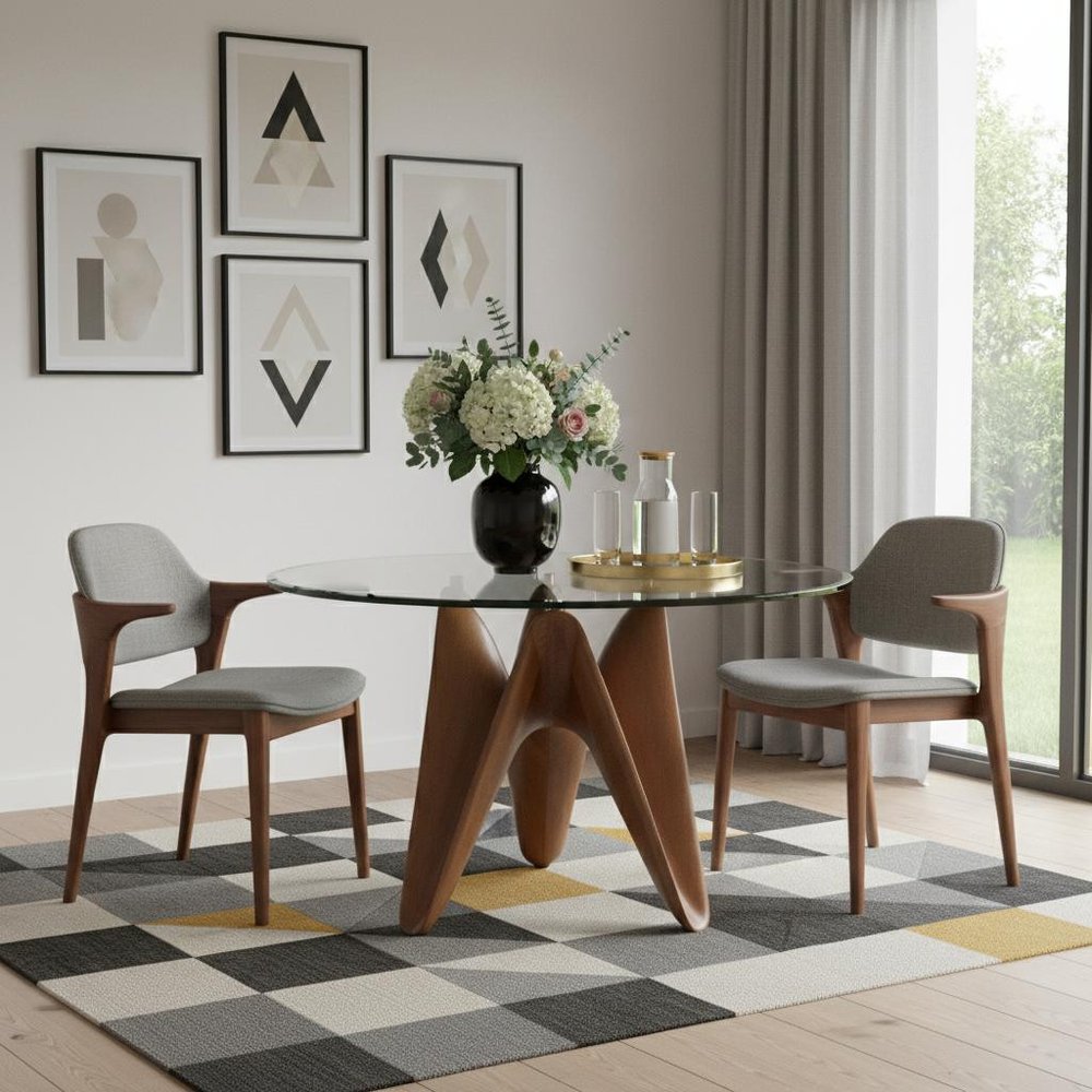 59" Clear And Brown Rounded Glass And Solid Manufactured Wood Pedestal Base Dining Table