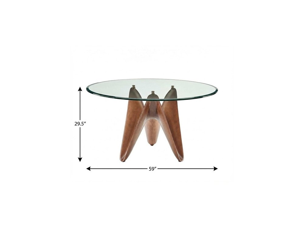 59" Clear And Brown Rounded Glass And Solid Manufactured Wood Pedestal Base Dining Table