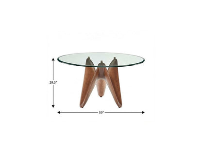 59" Clear And Brown Rounded Glass And Solid Manufactured Wood Pedestal Base Dining Table