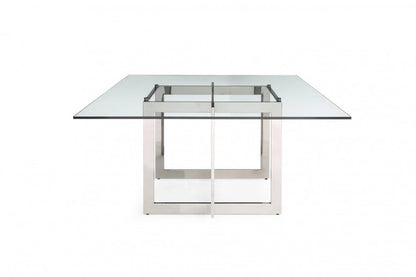 59" Clear And Gunmetal Square Glass And Stainless Steel Pedestal Base Dining Table
