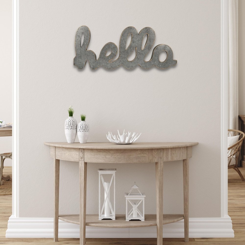12" X 28" Gray Handcrafted Abstract hello Metal Wall Decor