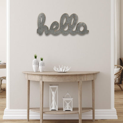 12" X 28" Gray Handcrafted Abstract hello Metal Wall Decor