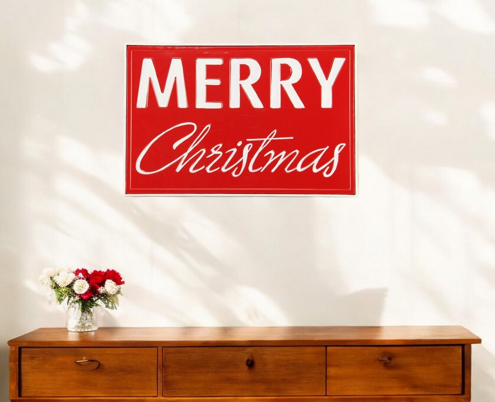12" X 19" Red and White Handcrafted Merry Christmas Metal Wall Decor