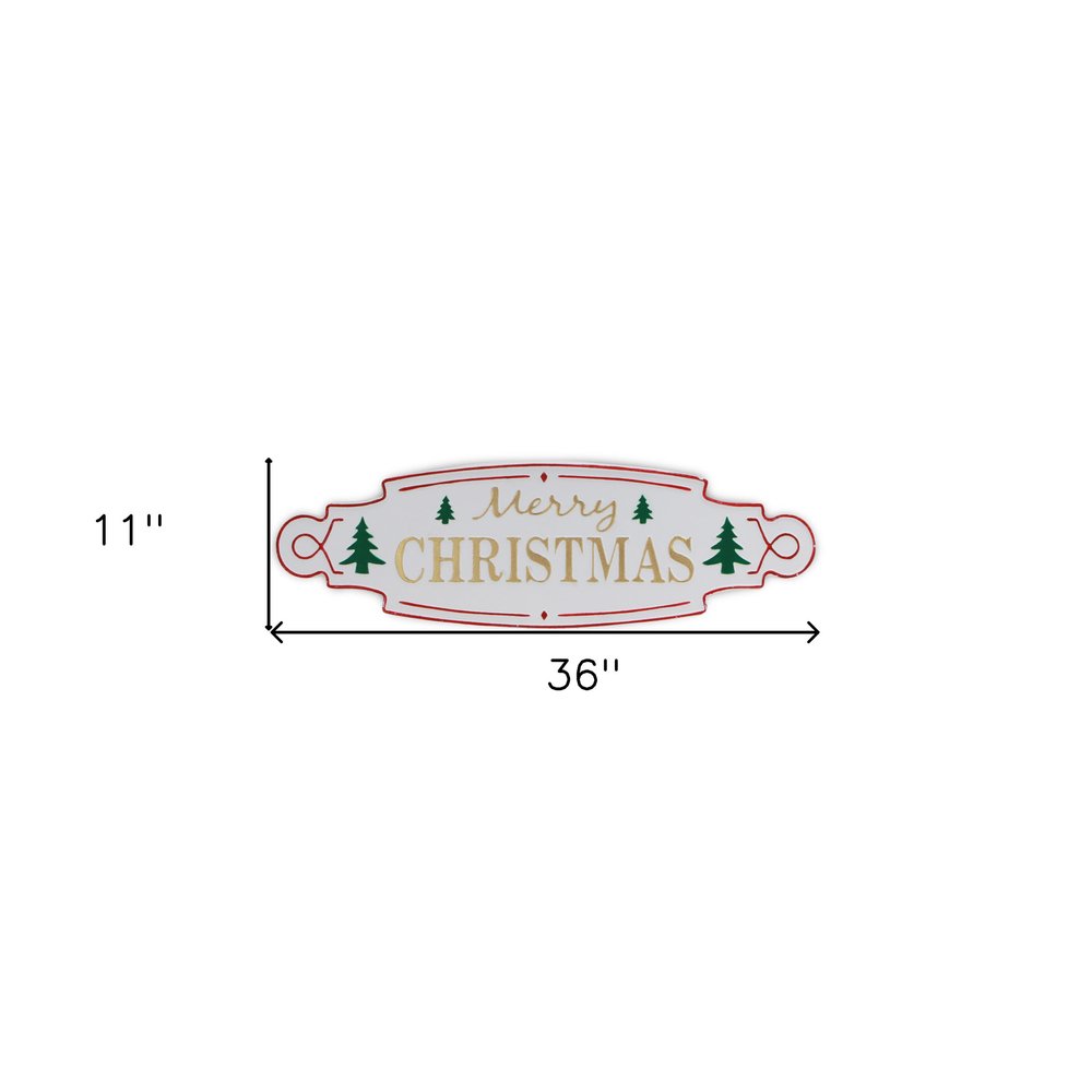 11" X 36" White Green and Red Merry Christmas Metal Wall Decor