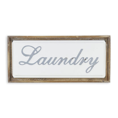11" X 24" Brown and White Laundry Wood and Metal Wall Decor