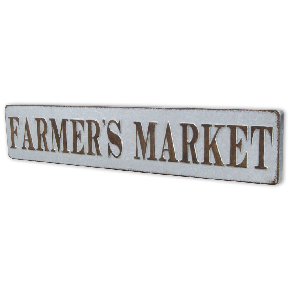 7" X 36" Gray and Brown Farmers Market Galvanized Metal Wall Decor