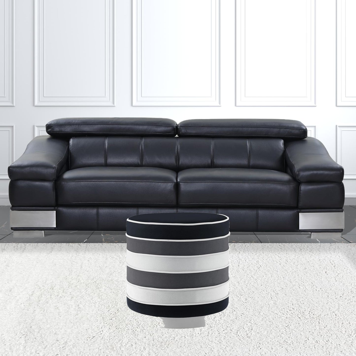 18" Blush Velvet And Gold Round Striped Ottoman