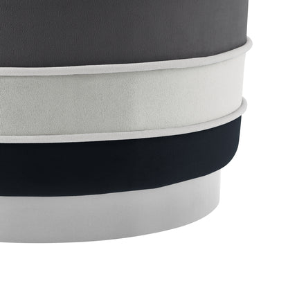 18" Blush Velvet And Gold Round Striped Ottoman