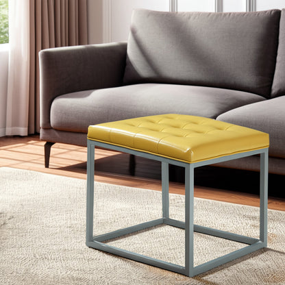 18" Yellow Faux Leather And Gray Cube Ottoman