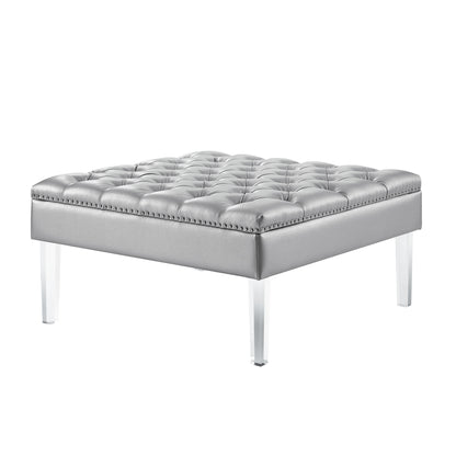 35" Silver Faux Leather And Clear Tufted Cocktail Ottoman