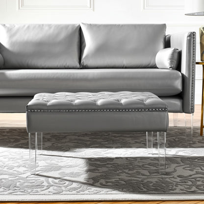 35" Silver Faux Leather And Clear Tufted Cocktail Ottoman