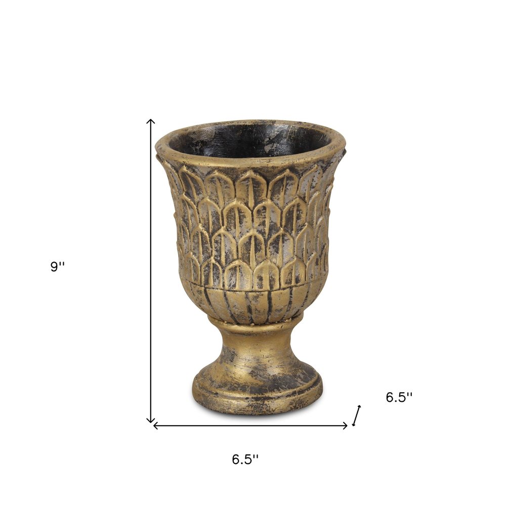 7" Antiqued Brass Textural Tone On Tone Cement Indoor Outdoor Round Urn Planter