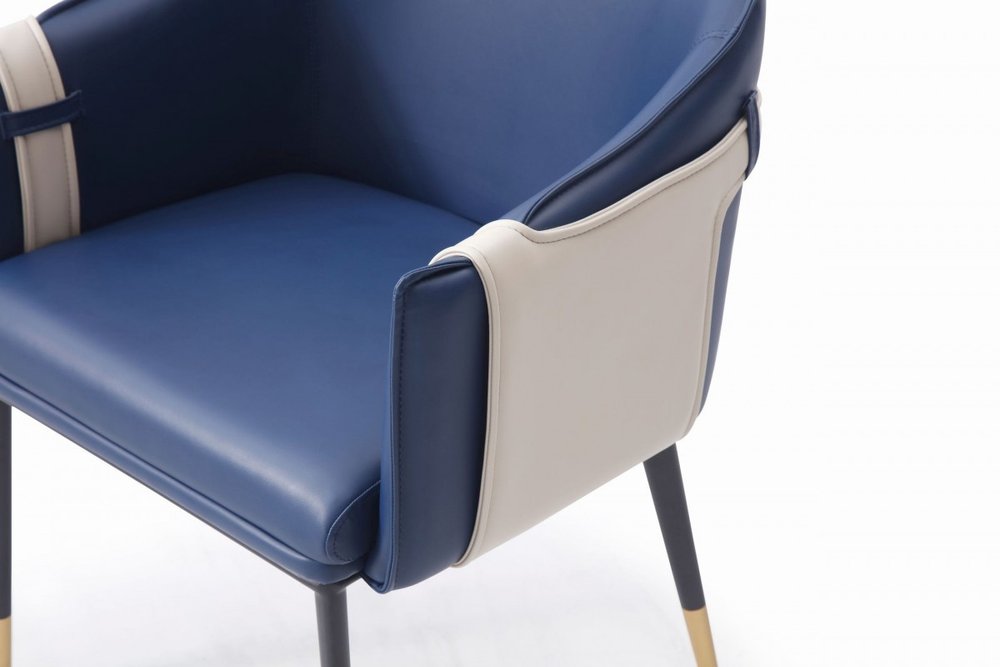 Blue Beige and Black Upholstered Faux Leather Dining Arm Chair