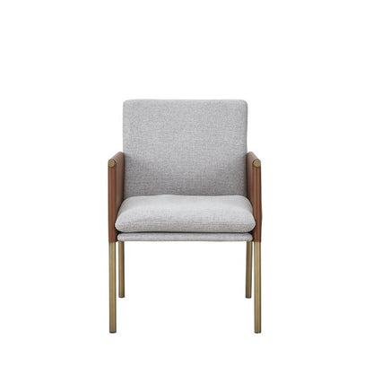 Light Gray And Antiqued Brass Upholstered Fabric Dining Arm Chair