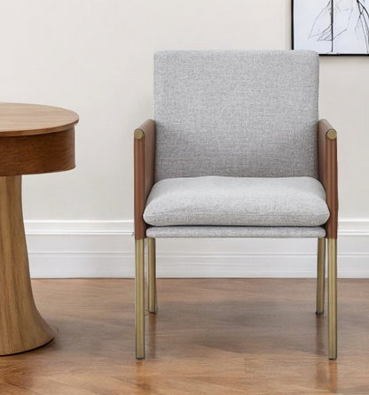 Light Gray And Antiqued Brass Upholstered Fabric Dining Arm Chair