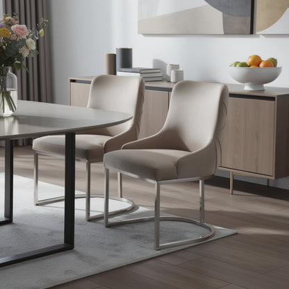 Set of Two Tufted Beige and Silver Upholstered Velvet Dining Side Chairs