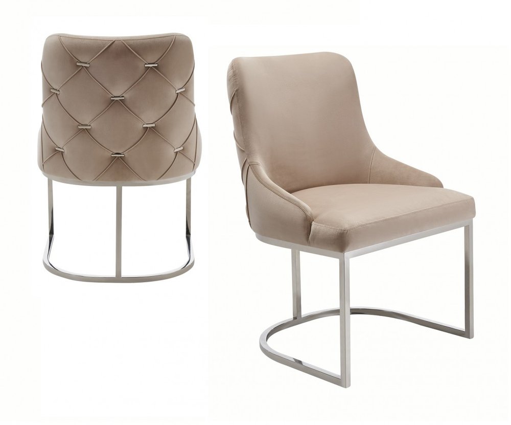 Set of Two Tufted Beige and Silver Upholstered Velvet Dining Side Chairs