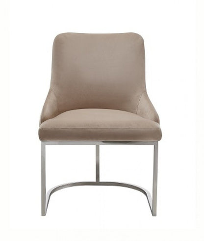 Set of Two Tufted Beige and Silver Upholstered Velvet Dining Side Chairs