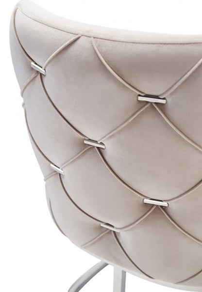 Set of Two Tufted Beige and Silver Upholstered Velvet Dining Side Chairs