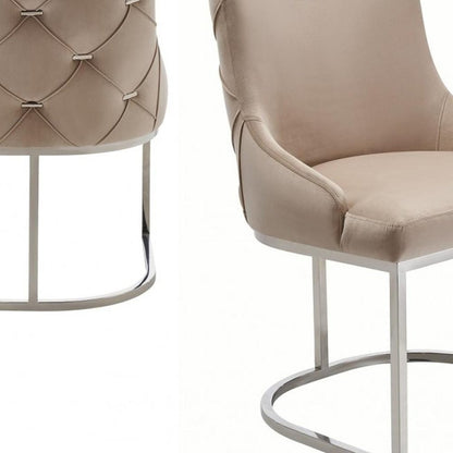 Set of Two Tufted Beige and Silver Upholstered Velvet Dining Side Chairs