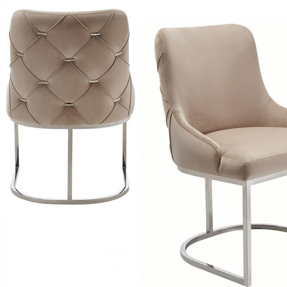 Set of Two Tufted Beige and Silver Upholstered Velvet Dining Side Chairs