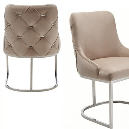 Set of Two Tufted Beige and Silver Upholstered Velvet Dining Side Chairs