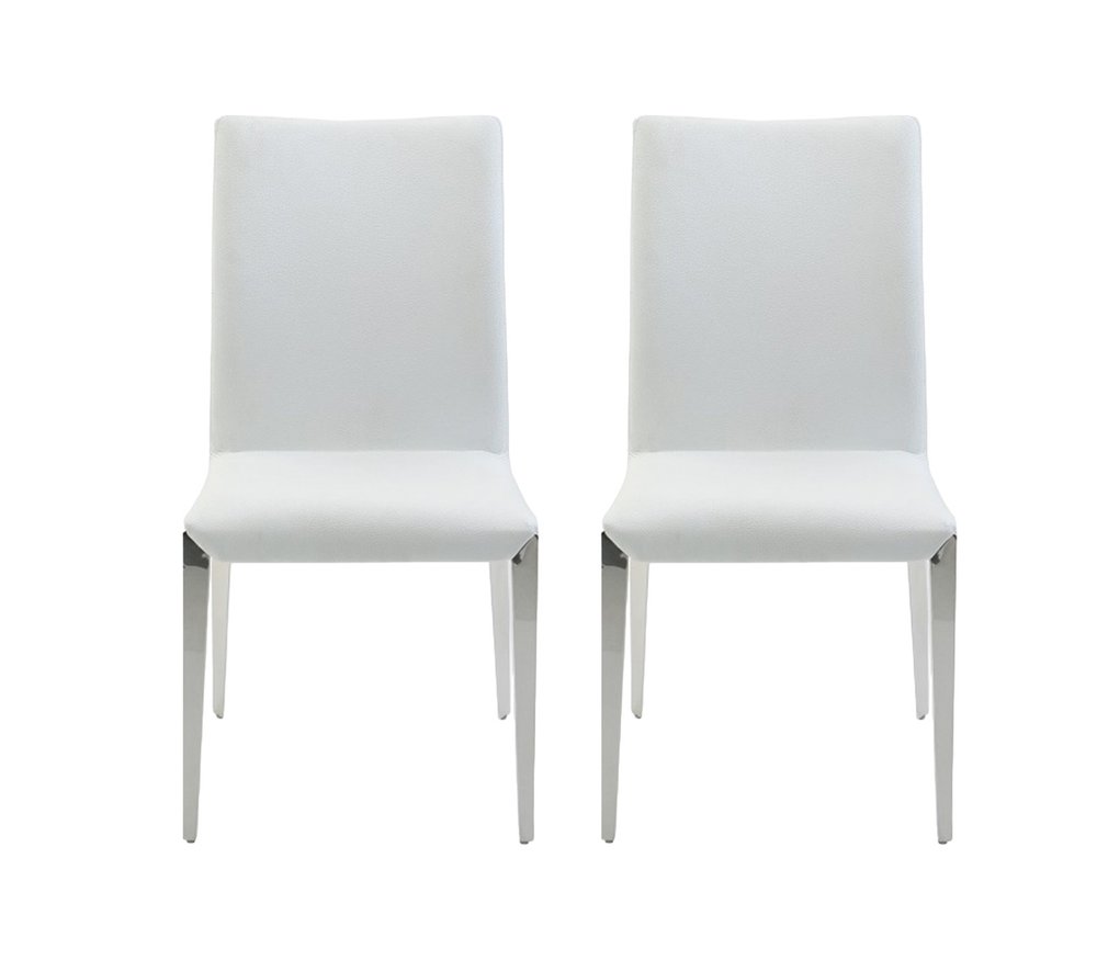 Set of Two White and Silver Upholstered Faux Leather Dining Side Chairs