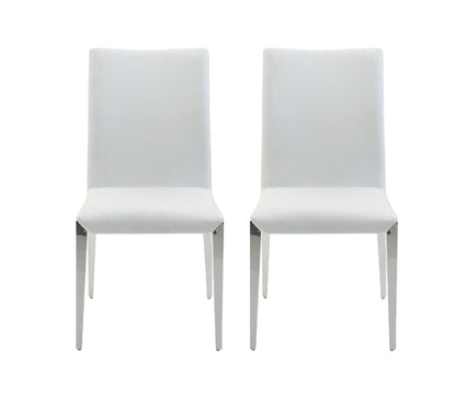 Set of Two White and Silver Upholstered Faux Leather Dining Side Chairs