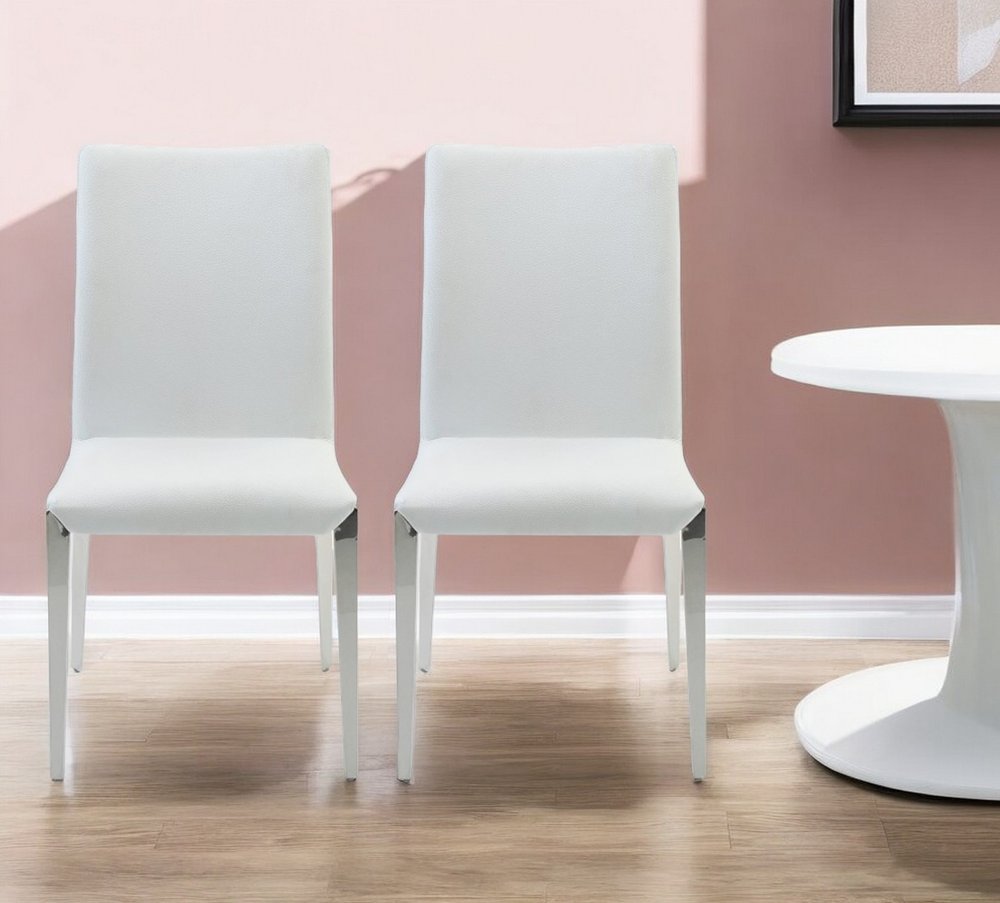 Set of Two White and Silver Upholstered Faux Leather Dining Side Chairs