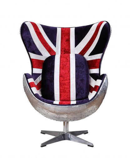 33" Red White Blue and Silver Fabric Great Britain Flag Swivel Balloon Chair