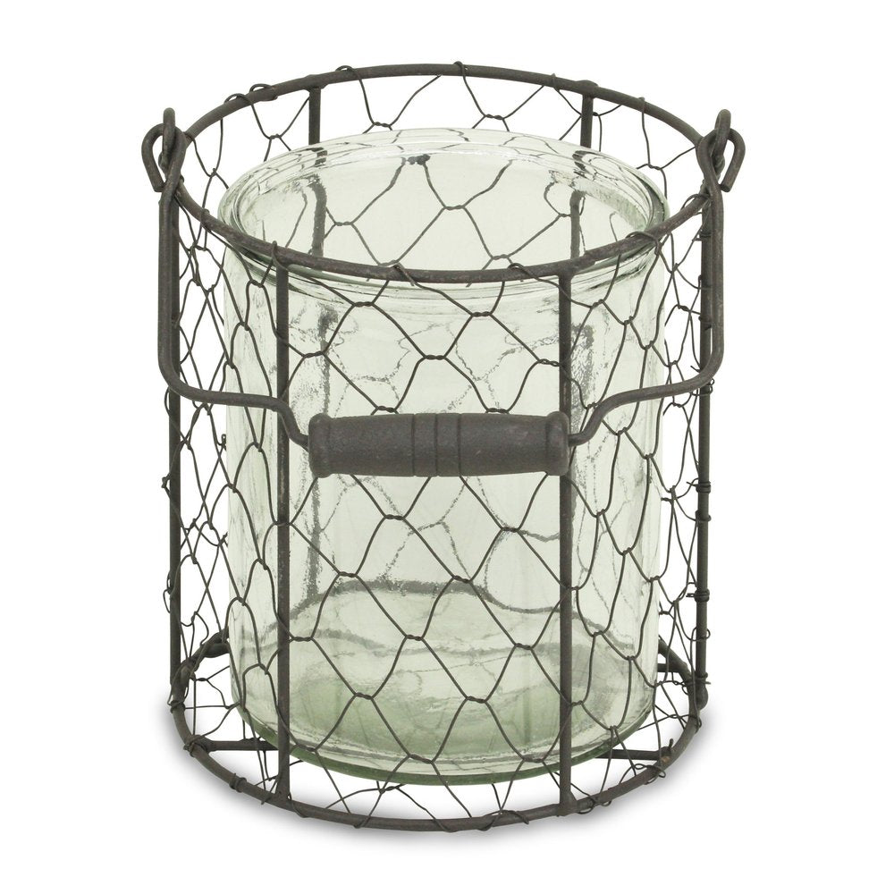 6" Brown and Clear Wire Basket and Glass Jar