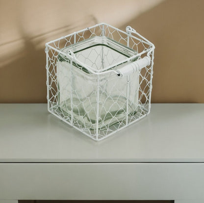 5.5" White and Clear Wire Basket Glass Jar